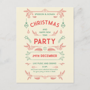 Retro Weihnachts Party Rot & Grün mit Ornamenten Postkarte