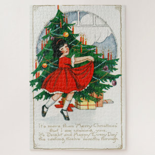 Retro-Weihnachts-Postkarte, Kind und Weihnachtsbau