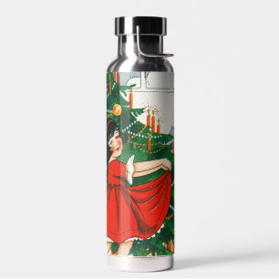 Retro-Weihnachts-Postkarte, Kind und Weihnachtsbau Trinkflasche