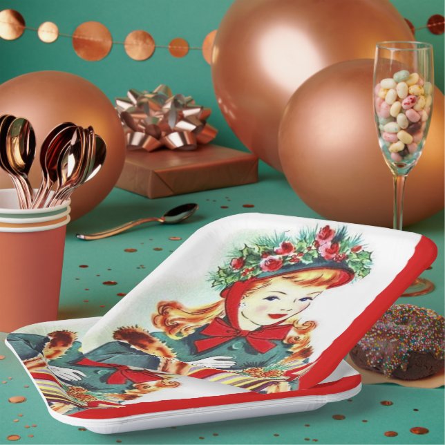 Retro Weihnachts Weihnachtsfest Dame Party Serviet Pappteller (Multi)