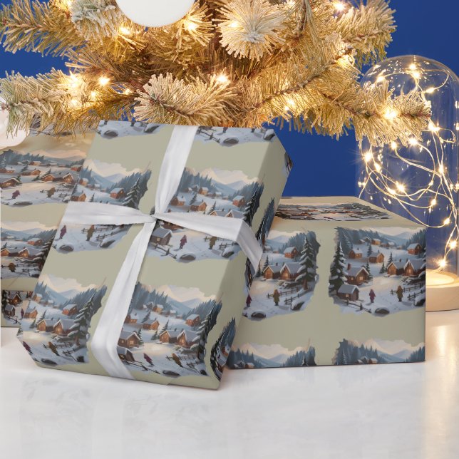 Retro Weihnachts Winter Village 90er Bergbauten Geschenkpapier (Feiertage)