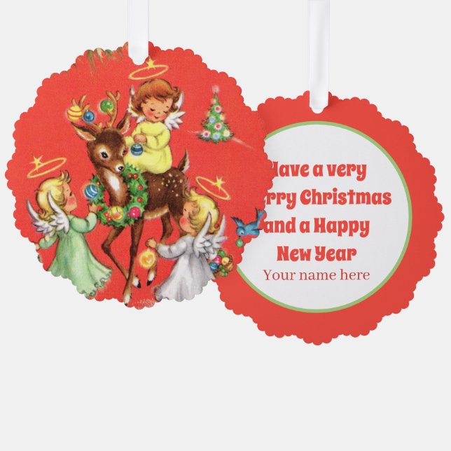Retro WeihnachtsAngels hinzufügen Text Ornament Karte (Vorderseite/Rückseite)