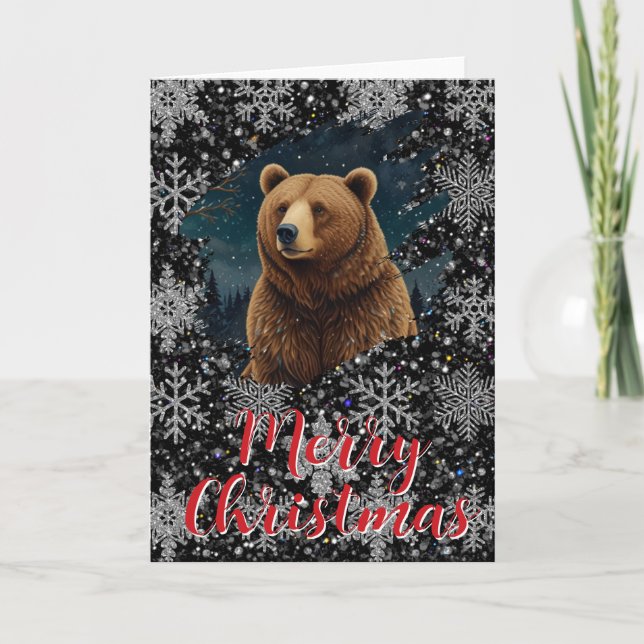 Retro Weihnachtsbär Mitternachtsschneewelt Karte (Vorderseite)
