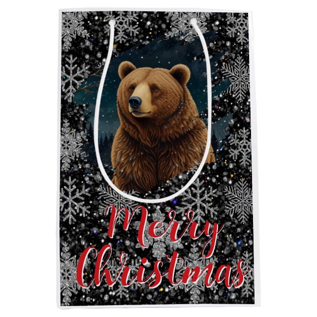Retro Weihnachtsbär Mitternachtsschneewelt Mittlere Geschenktüte (Vorderseite)