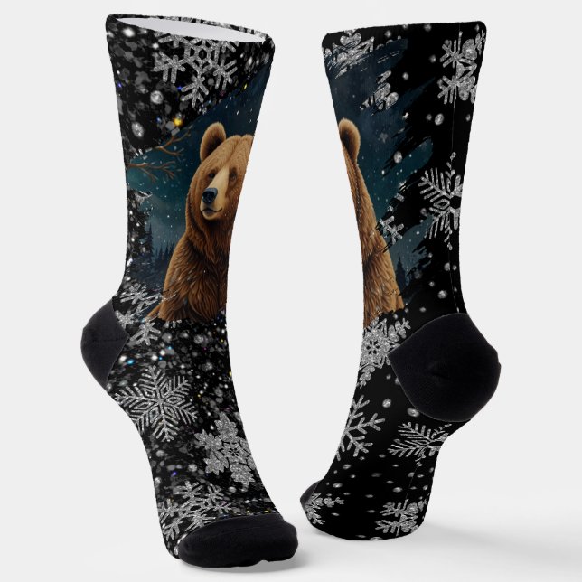 Retro Weihnachtsbär Mitternachtsschneewelt Socken (Gewinkelt)