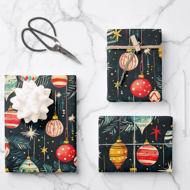 Retro-Weihnachtsbaum-Ornamente Geschenkpapier Set (Vorderseite)