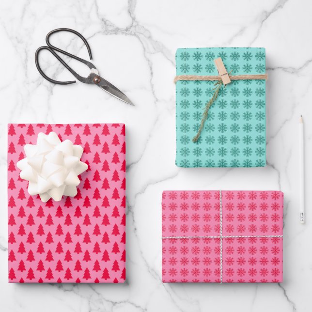 Retro Weihnachtsbaum und Schneeflocken Geschenkpapier Set (Vorderseite)