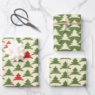 Retro Weihnachtsbaume in Olive Green Red Cream Geschenkpapier Set