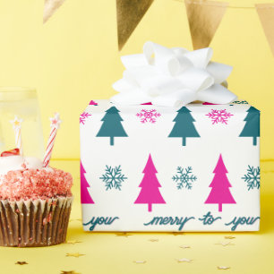 Retro-Weihnachtsbäume Pink Türkis Schneeflocken Geschenkpapier