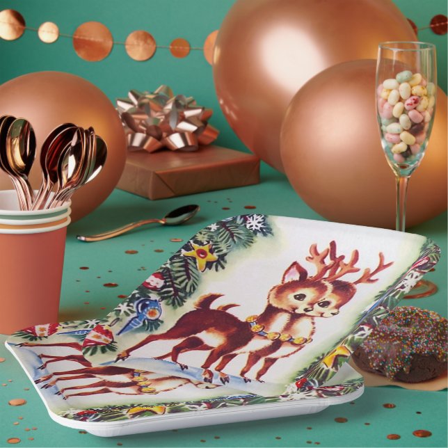 Retro Weihnachtsfest Rentiere Pappteller (Multi)