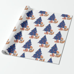 Retro Weihnachtsfox Illustration Blau Rot Geschenkpapier