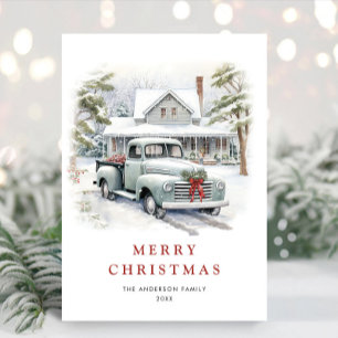 Retro-Weihnachtsgruß mit altem Bauernhof-LKW Feiertagskarte