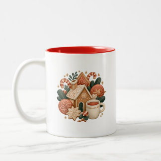 Retro-Weihnachtshaus mit Kakao und Keksen Zweifarbige Tasse
