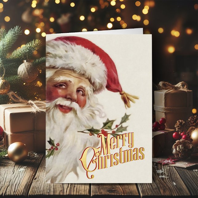 Retro Weihnachtskarte Vintag Frohe Weihnachten (Vintage Christmas cards gold foil Christmas card with retro Santa Claus)