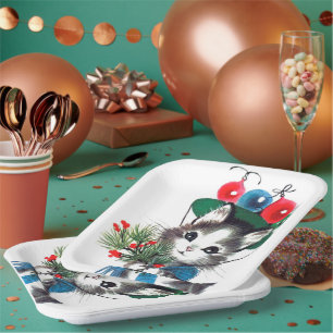 Retro-Weihnachtskatze Pappteller