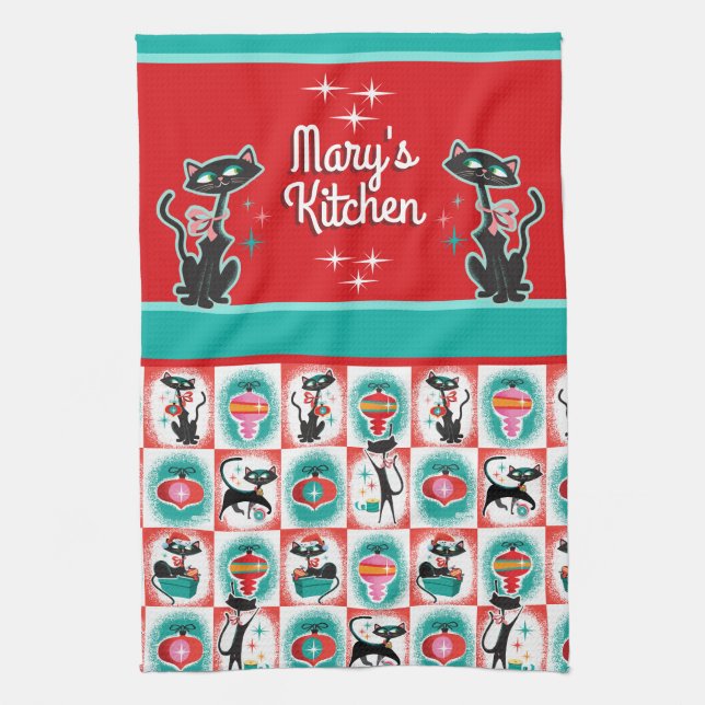 Retro Weihnachtskatzen - Anpassbar Geschirrtuch (Vertikal)