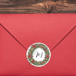 Retro Weihnachtskranz und Monogramm Wasserfarbe Runder Aufkleber
