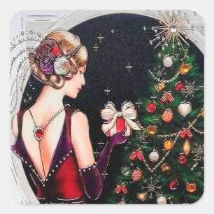 Retro Weihnachtskunst Deko Lady Quadratischer Aufkleber