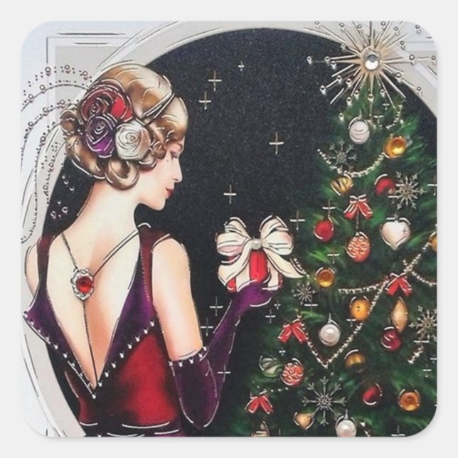 Retro Weihnachtskunst Deko Lady Quadratischer Aufkleber (Vorderseite)