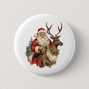 Retro Weihnachtsmann auf einem Rentier Weihnachten Button
