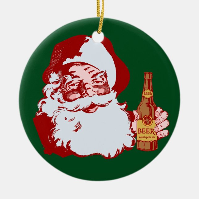 Retro Weihnachtsmann mit einem Bier-Weihnachten Keramik Ornament (Vorne)