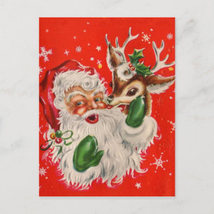 Retro Weihnachtsmann & Rentier Weihnachtskarte Postkarte