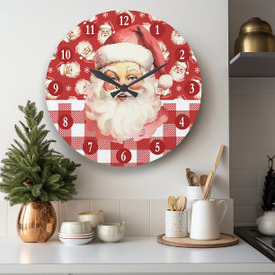 Retro Weihnachtsmann Rot-Weiß Kariert Weihnachten Große Wanduhr