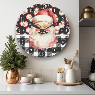 Retro Weihnachtsmann Schwarz-Weiß Kariert Weihnach Große Wanduhr