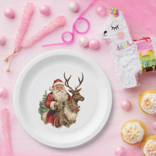Retro Weihnachtsmann und Rentier Weihnachten Pappteller