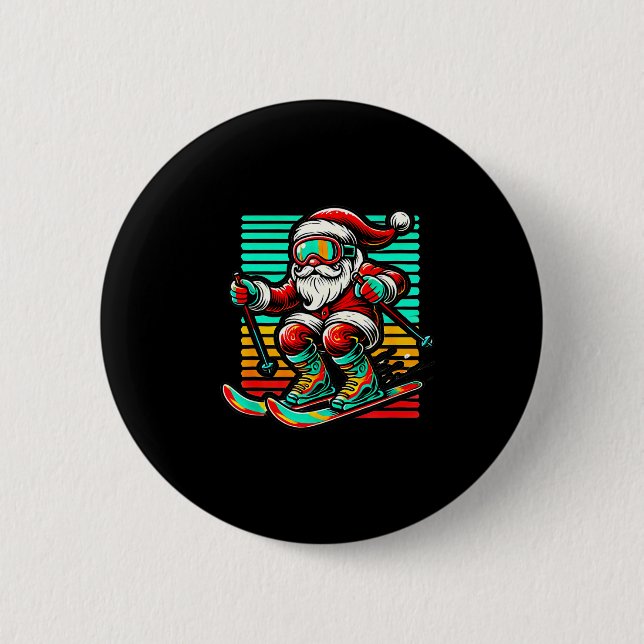 Retro Weihnachtsmann - Weihnachts-Ski fahren  Button (Vorderseite)