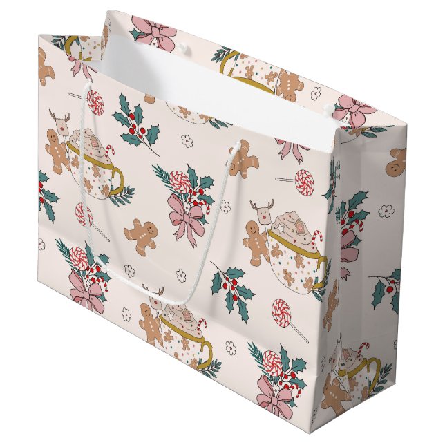 Retro Weihnachtsmuster Große Geschenktasche Geschenktüte (Vorderseite Schrägansicht)