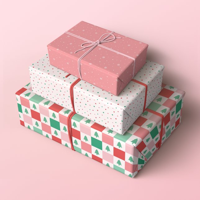 Retro Weihnachtsmuster in Rot, Rosa und Grün Geschenkpapier Set (Set of 3 Minimalist Retro Christmas with checkers, polka dots and snowflakes in red, green and pink)