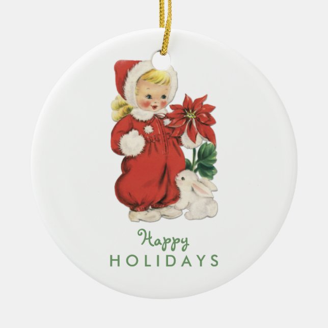 Retro Weihnachtsniedliches Mädchen-rotes Keramik Ornament (Vorne)