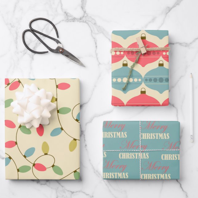 Retro Weihnachtspastel 50er Vintag Wrapping Papper Geschenkpapier Set (Vorderseite)