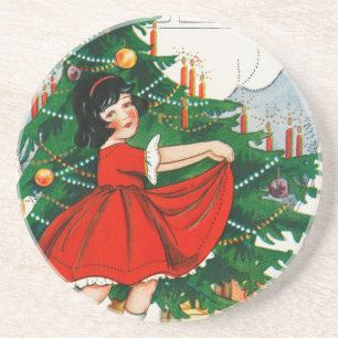 Retro-Weihnachtspostkarte, Kind und Weihnachtsbaum Getränkeuntersetzer