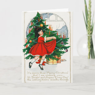 Retro-Weihnachtspostkarte, Kind und Weihnachtsbaum Karte