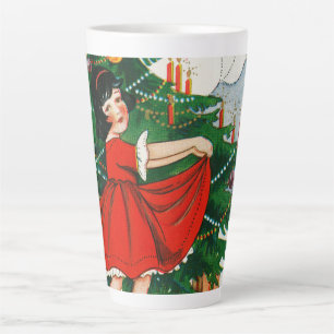 Retro-Weihnachtspostkarte, Kind und Weihnachtsbaum Milchtasse
