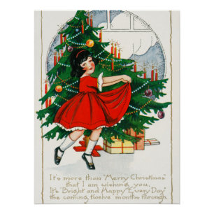 Retro-Weihnachtspostkarte, Kind und Weihnachtsbaum Poster