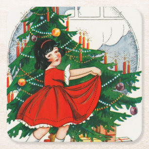 Retro-Weihnachtspostkarte, Kind und Weihnachtsbaum Rechteckiger Pappuntersetzer