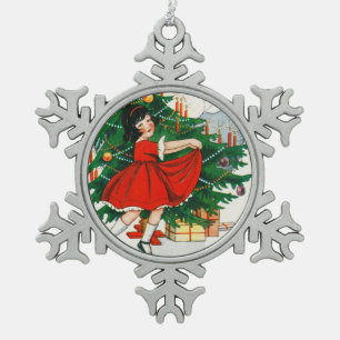 Retro-Weihnachtspostkarte, Kind und Weihnachtsbaum Schneeflocken Zinn-Ornament