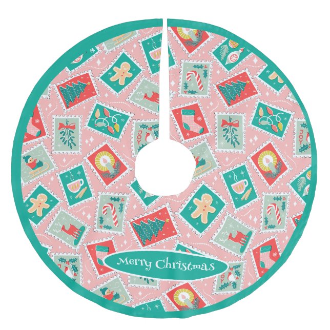 Retro-Weihnachtspostmarken Polyester Weihnachtsbaumdecke (Vorderseite)