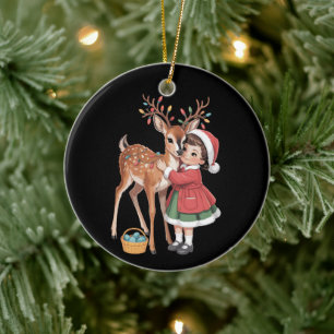 Retro-Weihnachtsrentier und Mädchen Weihnachten Keramik Ornament