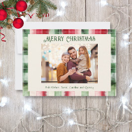 Retro Weihnachtsrot und grünes Kariertes Foto Feiertagskarte