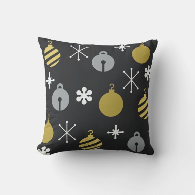 Retro Weihnachtsschmuck Black Gold Kissen (Vorderseite)