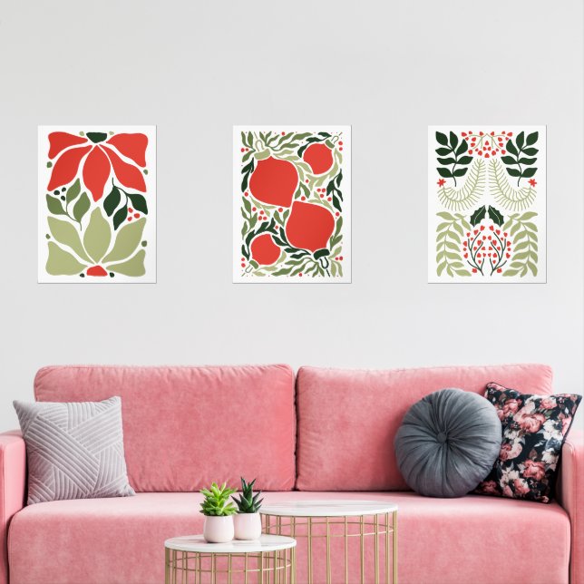 Retro Weihnachtsschmuck & Botanisches Rot Bilderwand Sets (Wohnzimmer)