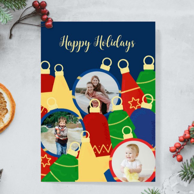 Retro Weihnachtsschmuck Foto Feiertagskarte (Retro Christmas ornaments custom card with your photos. Personalize it with your text and images.)