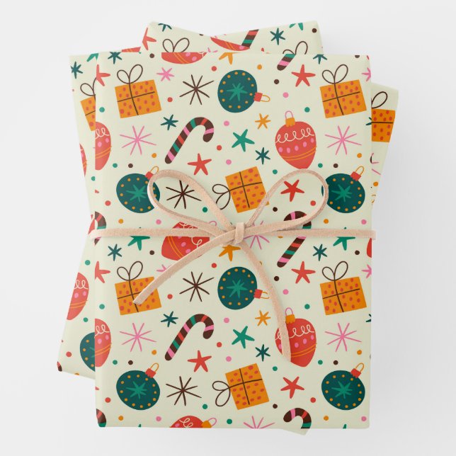 Retro Weihnachtsschmuck und Geschenkmuster Geschenkpapier Set (Beispiel)