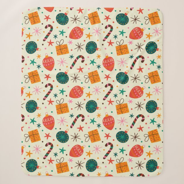 Retro Weihnachtsschmuck und Geschenkmuster Sherpadecke (Vorderseite)