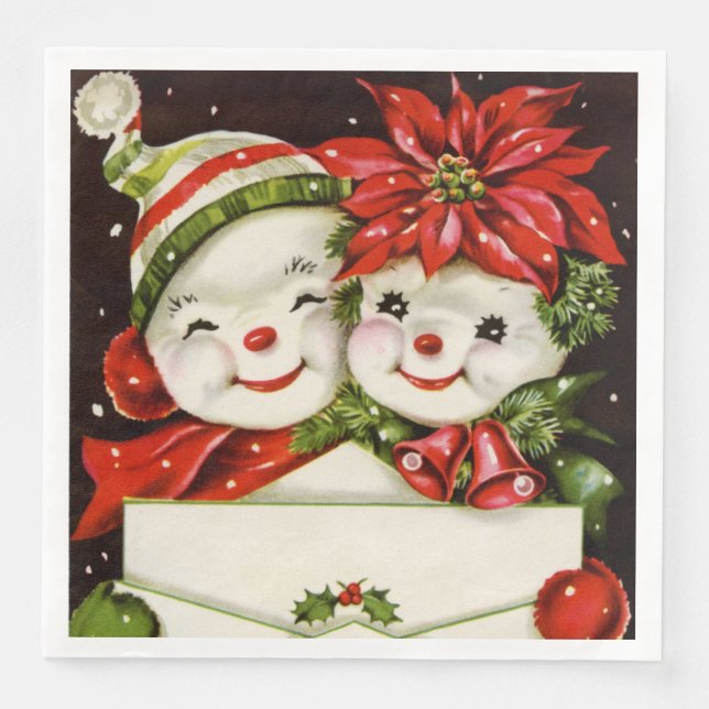Retro-Weihnachtsschnee-Paar Holiday Serviette (Vorderseite)