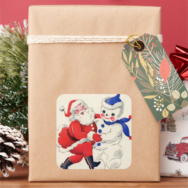 Retro-Weihnachtsschneemann Santa Quadratischer Aufkleber (Feiertag)